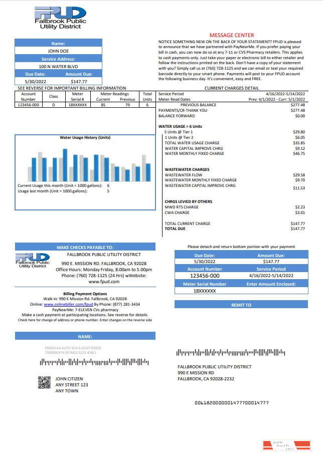 USA Fallbrook Public utility bill template in Word and PDF format